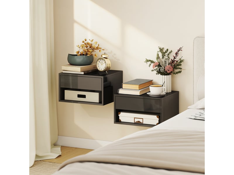  Ensemble de 2 tables de chevet suspendues avec tiroir pour chambre à coucher, 37 x 32 x 21 cm, noir brillant  - Conforama D
