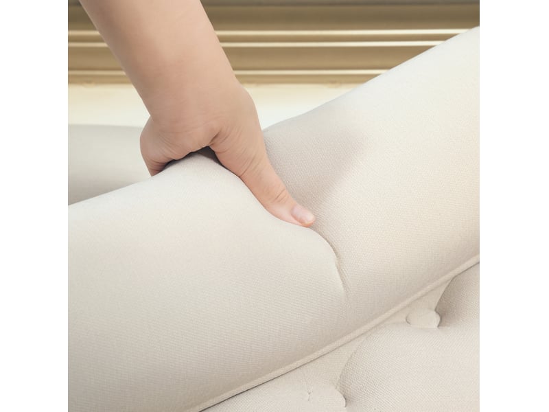  Banc rembourré 115 x 44 x 58 cm beige en polyester chenille, avec accoudoirs et coussins cylindriques  - Conforama E