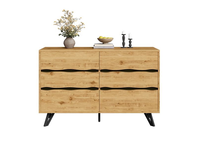  Buffet 120x40x75,5 cm avec 6 tiroirs, finition effet bois et pieds métalliques, grand espace de rangement  - Conforama A