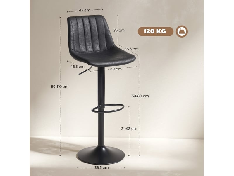  Lot de 2 tabourets de bar rétro noirs avec repose-pieds, hauteur réglable par vérin à gaz  - Conforama C