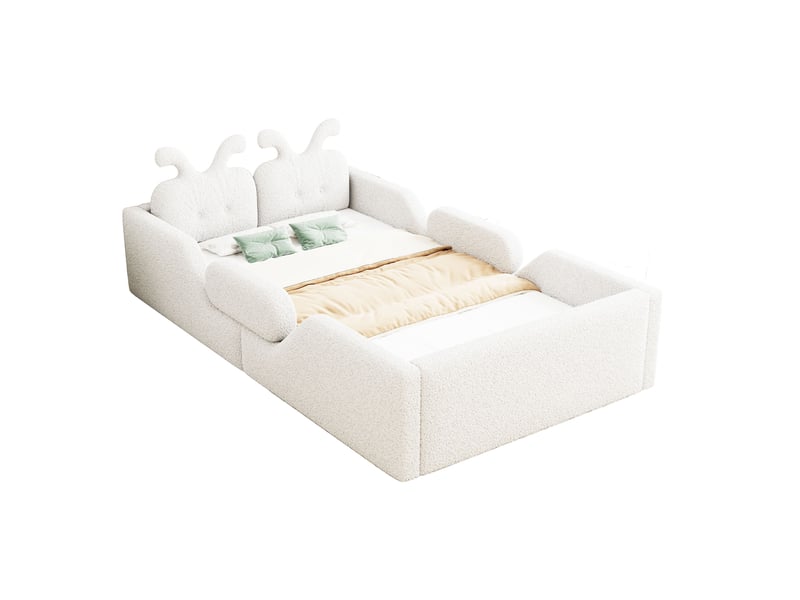  Lit enfant rembourré 90x200cm avec tête de lit oreilles de lapin, barrières de sécurité et cadre capitonné, mdf et contreplaqué - blanc  - Conforama A