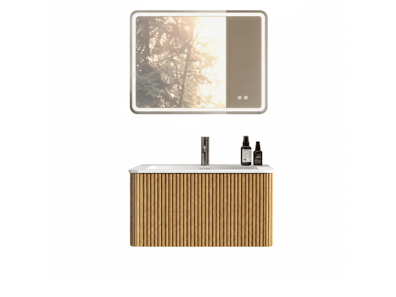  Ensemble meuble salle de bain 80 cm meuble sous-vasque et miroir led coloris chêne W3416S00034 - Conforama A