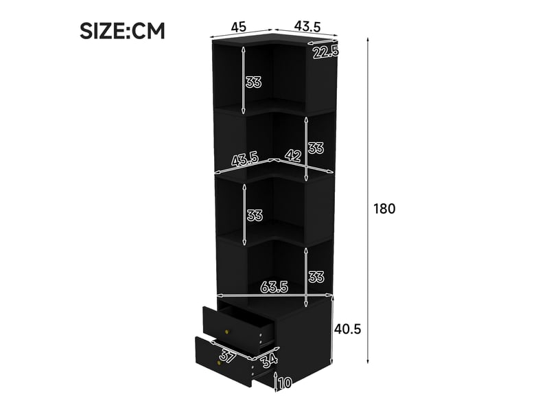  Bibliothèque d'angle en l - 45x43.5x180cm - meuble d'angle led rvb connecté app, 4 niches ouvertes et 2 tiroirs - noir  - Conforama D