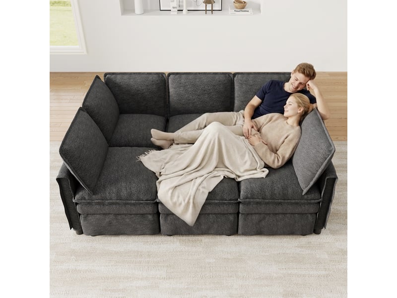 Canapé modulable xxl gris, tissu chenille doux 6 places, convertible en forme u ou l avec pouf amovible pour grand salon & bureau. - Conforama B