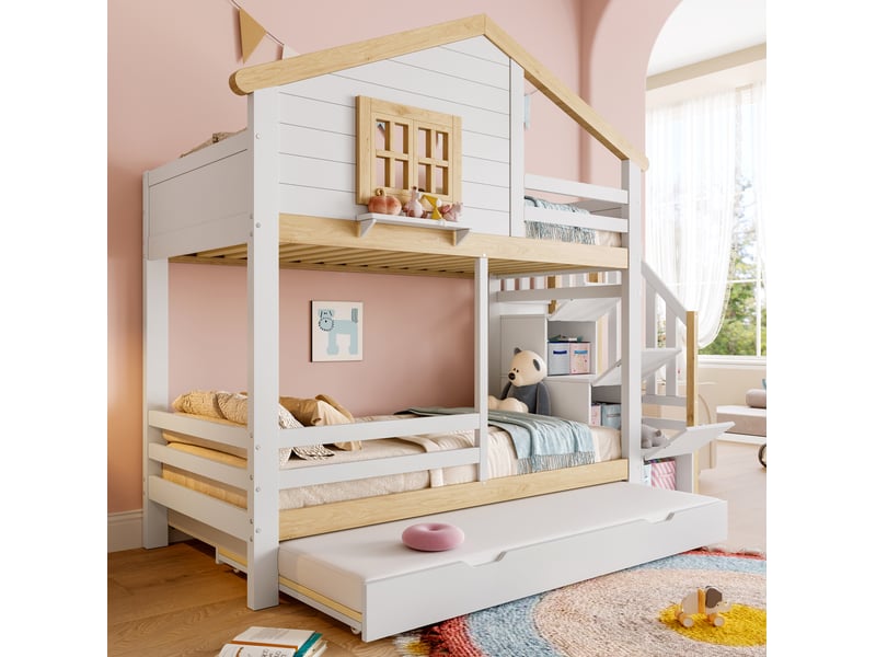  Lit superposé, 90x200 cm, maison, escalier de rangement, avec lit gigogne, matelas non inclus, coloris blanc et naturel  - Conforama D