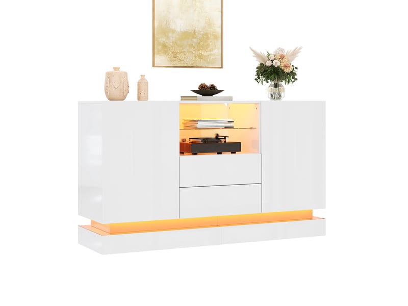 Buffet 140x40x80 cm blanc avec led, 2 portes et 2 tiroirs - Conforama A