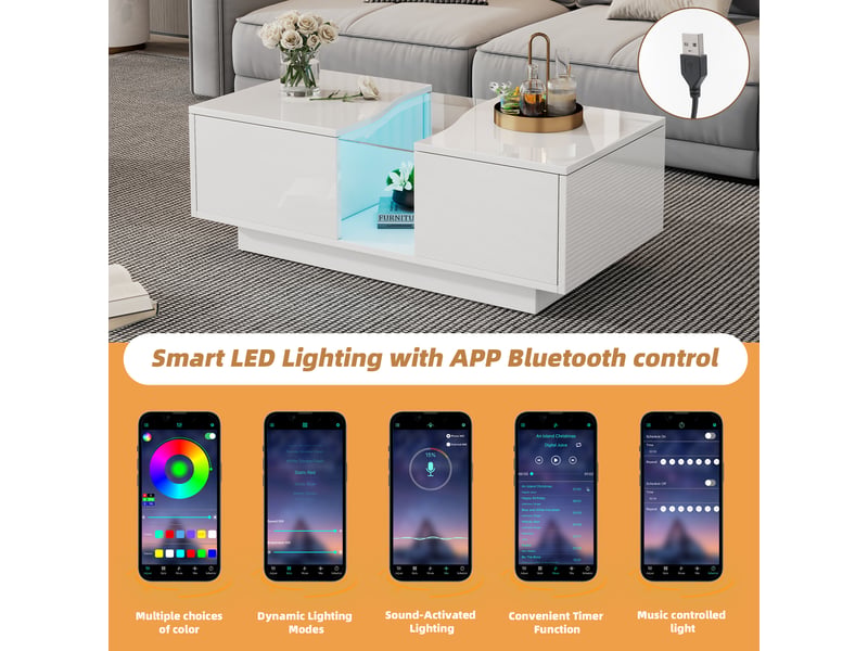  Table basse avec 2 tiroirs et led pour salon 100×50×35 cm en mdf et acrylique blanc brillant  - Conforama C
