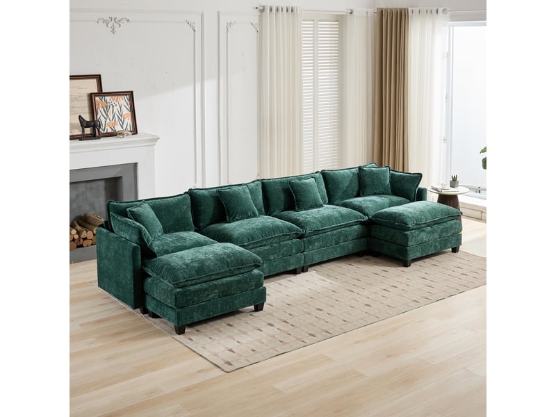  Canapé droit modulable 4 places 380 × 75 × 84 cm en chenille vert, coussins rembourrés IKSETERA TRADING LTD - Conforama D