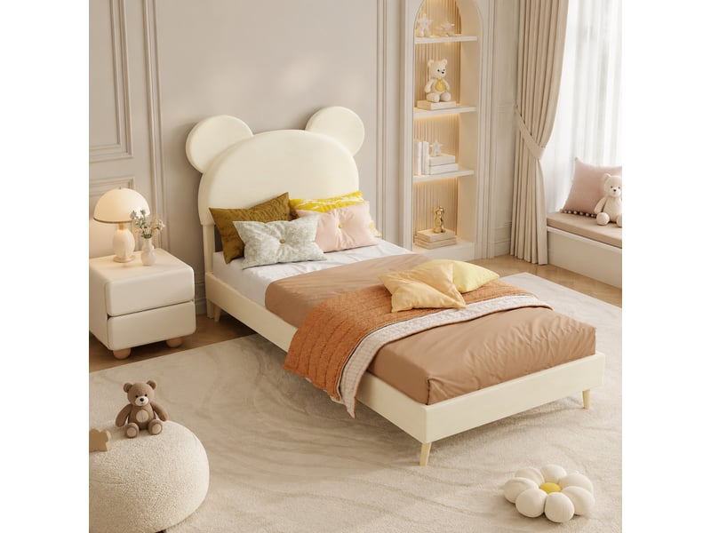 Lit enfant 90 × 200 cm 1 place avec rangement pneumatique, sans matelas, en tissu beige, tête de lit ludique  - Conforama B