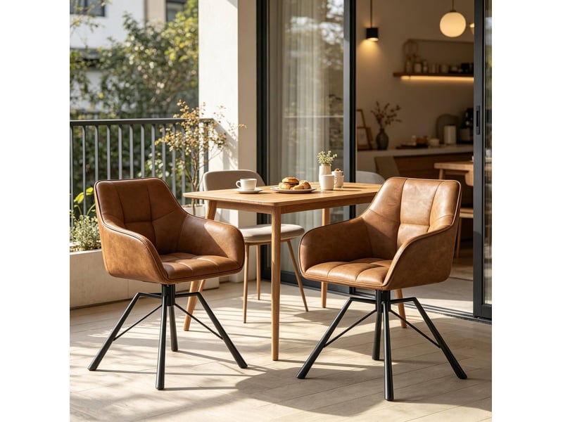  Fauteuil de salle à manger avec siège large et dossier souple, chaise pivotante 360° en bois et cuir faux  - Conforama B