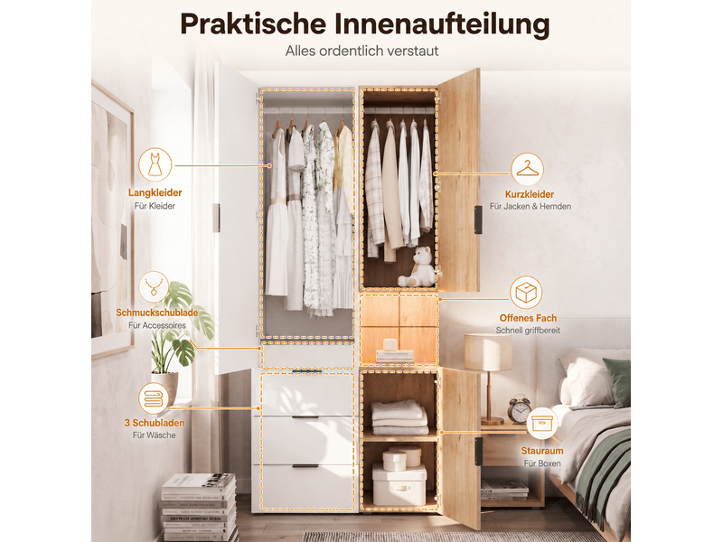 Armoire avec 4 tiroirs, niche ouverte led et 2 tringles à vêtements pour chambre, blanc et chêne, 90 × 49 × 200 cm - Conforama E
