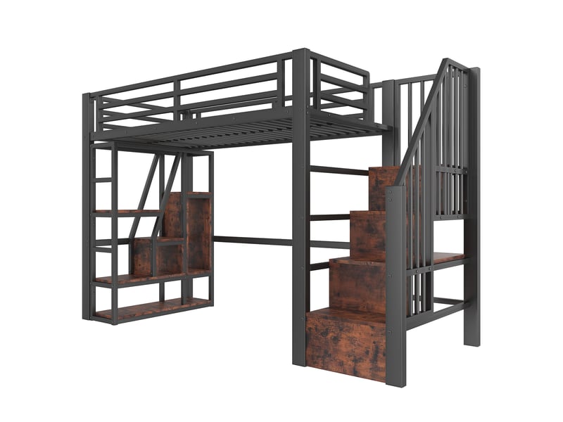  Lit mezzanine noir 90 × 200 cm, cadre métal, led, rangements, échelle et garde-corps  - Conforama D