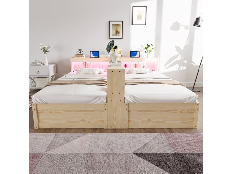  Modenvie lit multifonction 90180x200 cm - led, prises intégrées et rangements - pour petit espace - naturel  - Conforama E