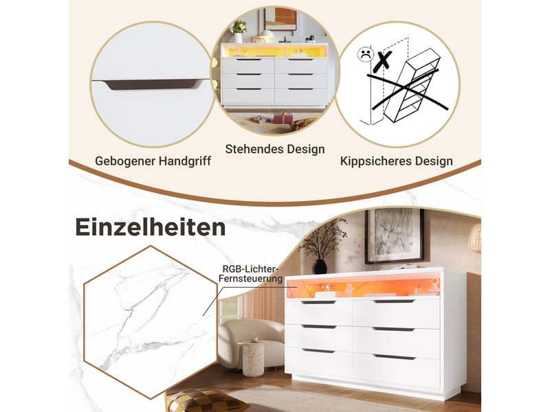  Commode blanche 120x40x85 cm en aggloméré et métal, 6 tiroirs, niche ouverte décor marbre, éclairage led réglable  - Conforama E