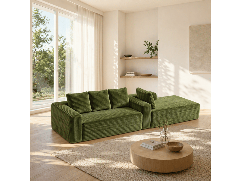 Canapé d’angle modulable 261 cm, méridienne droite, 3-4 places, canapé nuage sans cadre rigide, assise profonde, mousse et ressorts, velours côtelé, vert Morn Vibe - Conforama D