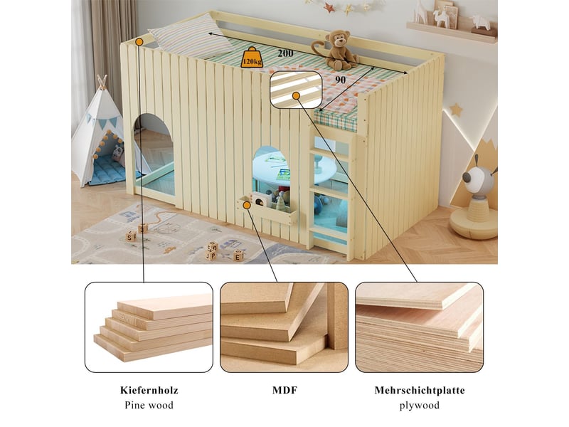  Lit mezzanine enfant 90 x 200 cm éclairage led lit simple barrières de sécurité échelle droite à trois niveaux compartiment de rangement éclairage led multicolore fenêtres arrondies structure en pin et mdf finition naturelle  - Conforama D