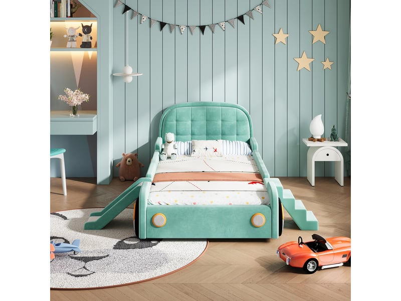 Lit enfant 90x200 cm -lit forme voiture 90x200cm - avec toboggan et escalier interchangeables – velours - bleu vert  - Conforama D