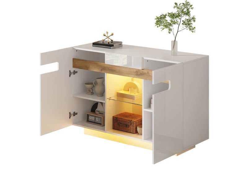 Buffet led blanc et bois 120 cm façades brillantes avec étagères en verre  - Conforama W