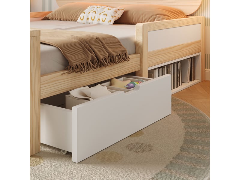  Lit 140x200 cm, enfant, tête de lit oreilles de chat, tiroir réversible, led rgb, barrières, sommier, blanc chêne, sans matelas  - Conforama D