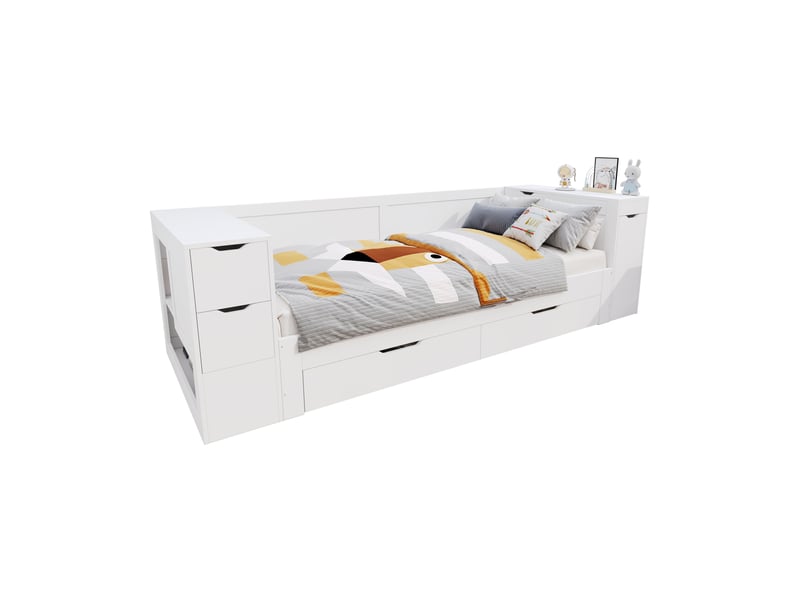 Lit simple enfant 90x190 cm – blanc – tiroirs, rangement latéral et table coulissante – sans matelas - Conforama A