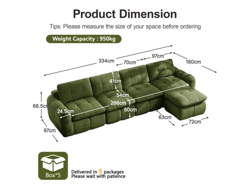  Canapé d'angle modulaire en l sans cadre, 4 places, karostepp chenille vert, sièges larges, sans montage, ottoman inclus  - Conforama C