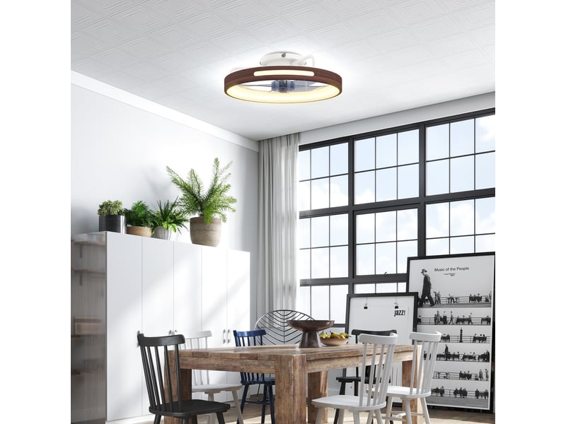 Ventilateur de plafond avec éclairage led, moteur cc 40 w, réversible, télécommande, 6 vitesses, 3 couleurs, minuterie, teck - Conforama C