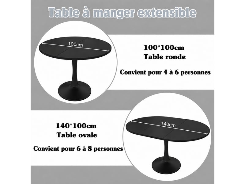 Table à manger extensible ovale 100–140 x 100 x 75 cm, avec plateau extensible, bords arrondis, style moderne, noir - Conforama E