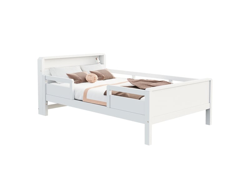  Lit enfant 90x200, garde-corps haut sécurité renforcée lit combine enfant, structure bois massif, rangement intégré, ports usb-led  - Conforama E