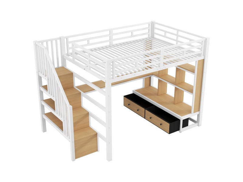  Lit mezzanine 140x200 cm blanc, avec bureau, rangements, 2 tiroirs, escalier de rangement, led, structure métal, sommier inclus, sans matelas  - Conforama D
