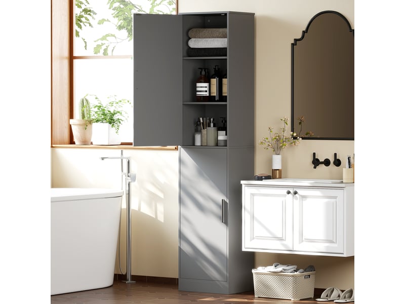  Meuble de salle de bain à 2 portes et 4 étagères réglables, 40 x 35 x 180 cm, gris  - Conforama C