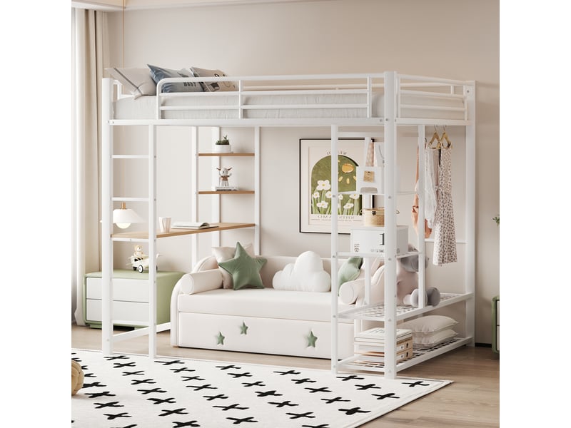 Lit enfant 90x200cm, lit mezzanine avec bureau, étagères, escalier, espace de rangement et sommier, mdf+métal, blanc, sans matelas - Conforama C