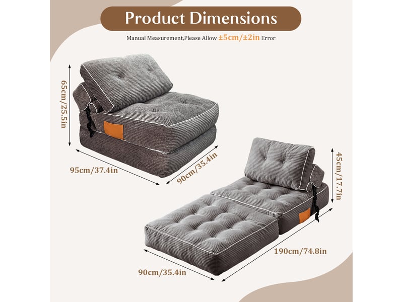  Fauteuil convertible modenvie en velours côtelé gris, pliable en lit 190 x 90 cm  - Conforama C