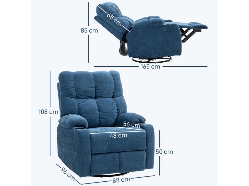  Fauteuil relax pivotant et à bascule avec repose-pieds, porte-gobelets et dossier inclinable en polyester bleu  - Conforama C