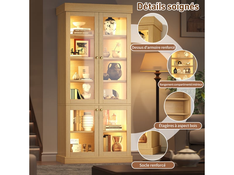  Lot de 2 vitrines 80 x 40 x 180 cm - avec led multicolore, portes vitrées, étagères réglables, anti-basculement, naturel  - Conforama D