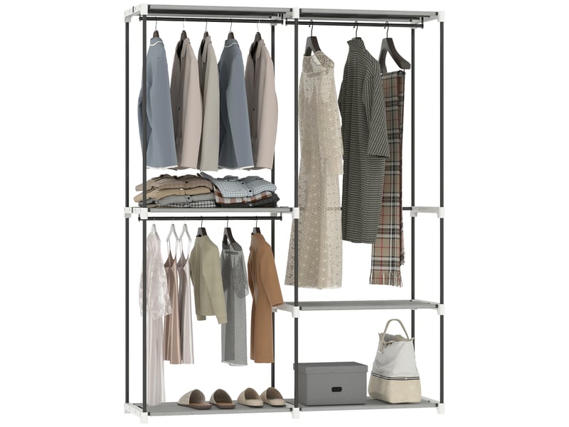  Armoire ouverte avec 4 étagères en tissu, 3 tringles à vêtements, structure métallique, 142 x 43 x 185 cm, gris clair  - Conforama A