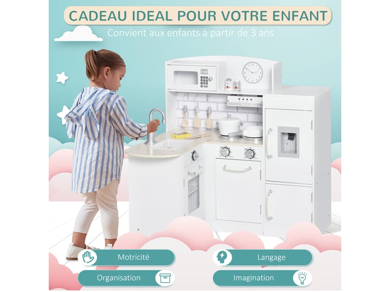  Cuisine bois jeu d'imitation - cuisine enfant 3+ ans - nombreux accessoires &amp; rangements inclus - micro-ondes, hotte, évier avec robinet - mdf pin blanc  - Conforama D