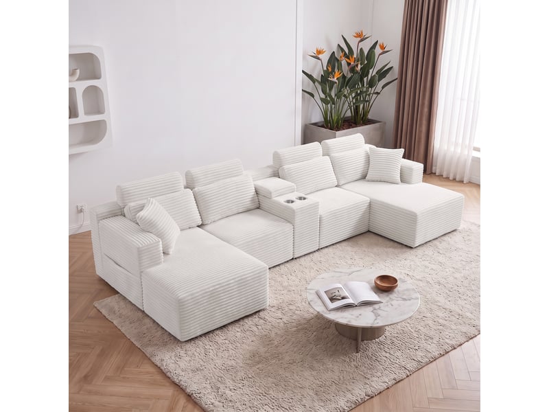 Canapé d’angle en u 6 places 372 x 151 x 80 cm, grand format modulable à assise moelleuse et porte-gobelets, mousse et velours côtelé, blanc OMNIGLINT TRADING LTD - Conforama B
