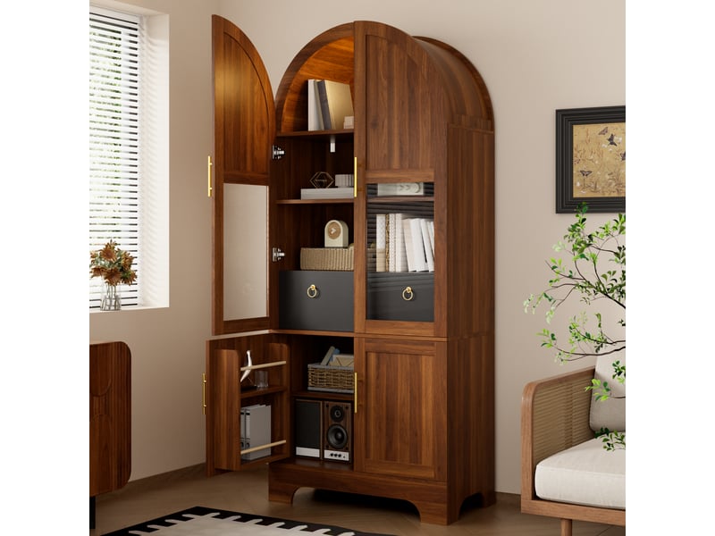  Buffet haut vitrine 76 x 40 x 180 cm avec éclairage led, 4 portes, 1 tiroir et verre trempé - effet noyer Fay Lum - Conforama D