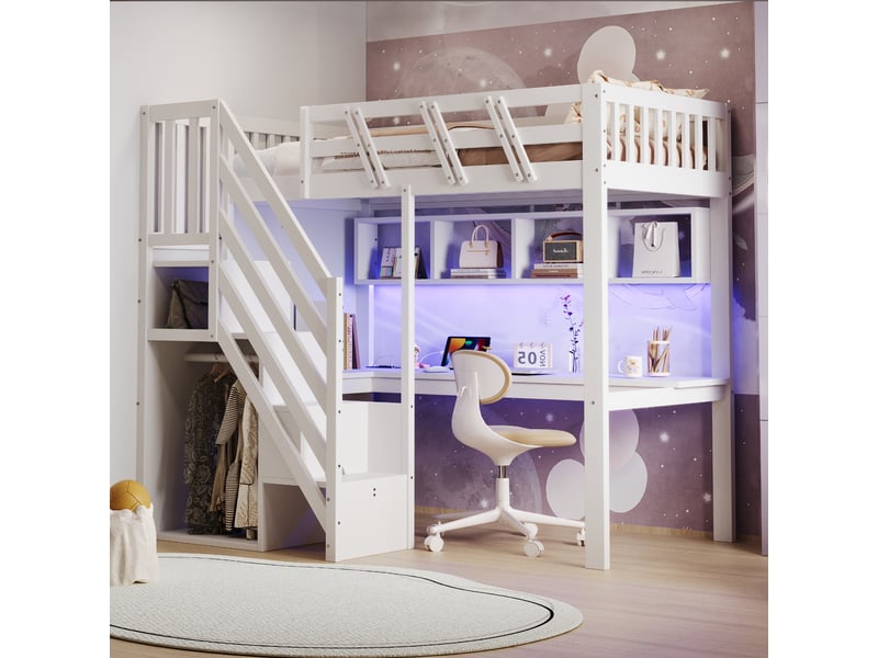 Lit mezzanine 90x200 cm avec bureau et escalier de rangement, lit surélevé en bois massif avec usb et led, gain de place, blanc OPULERANE TRADING LTD - Conforama E