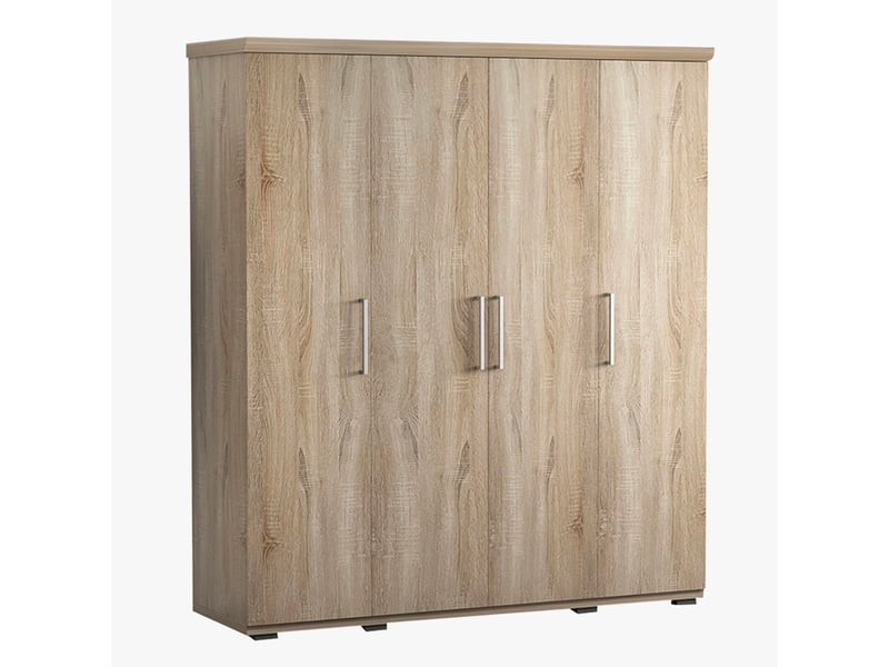  Armoire 4 portes 7 étagères et penderie couleur chêne clair  - Conforama D