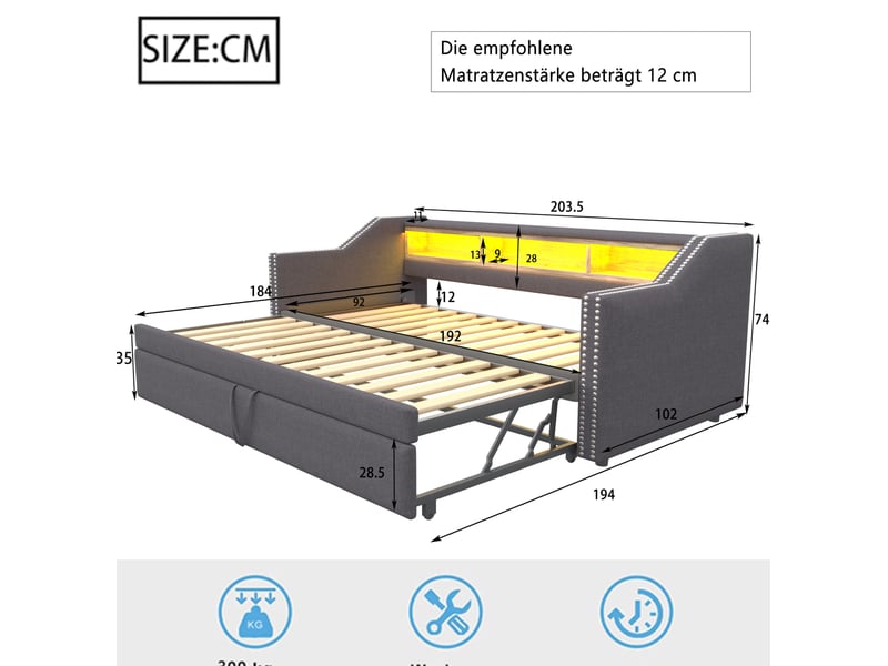  Canapé-lit gigogne 90180 x 190 cm avec rangements, éclairage led, prise usb et sommier à lattes, gris foncé  - Conforama D