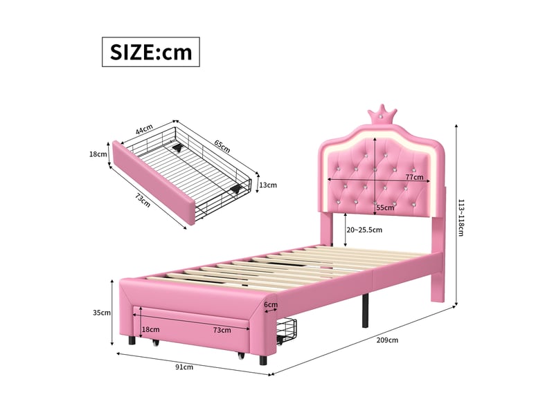  Lit simple 90x200 cm avec lampes led, lit enfant avec tête de lits réglable en hauteur et 1 tiroirs, en cuir avec couronne, pu, rose  - Conforama C