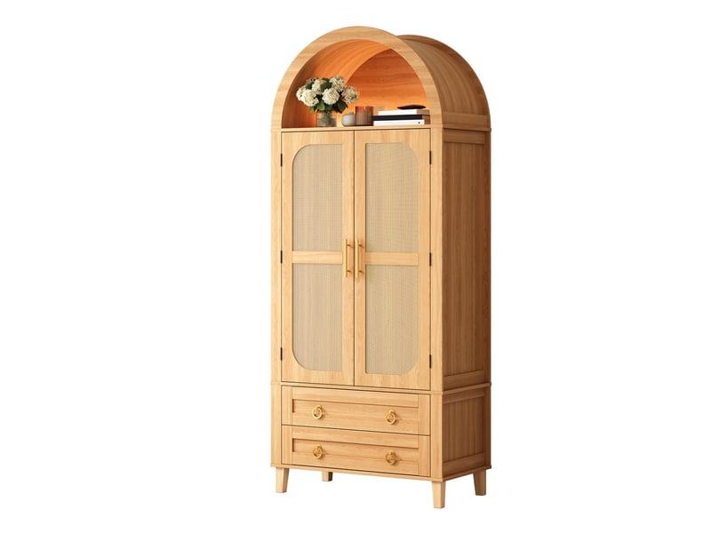  Buffet haut 76x40x179,5 cm avec niche ouverte en arc, éclairage led, 2 portes décor rotin et 2 tiroirs, en mdf, naturel  - Conforama A