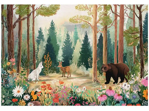 Papier peint panoramique intissé forêt animaux vert - 300x210 cm - papier peint enfant