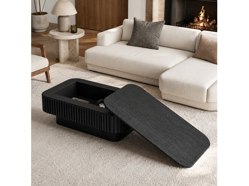  Table basse rectangulaire moderne noire – rangement dissimulé, plateau amovible – 98 x 60 x 35 cm  - Conforama B