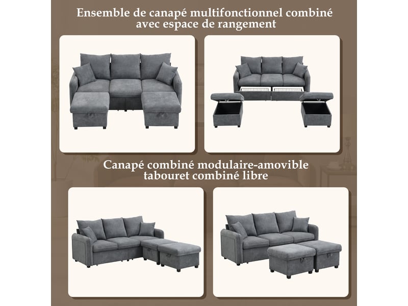 Canapé d'angle modulable 3 places en tissu chenille, 2 poufs à rangement, convertible en l ou en lit - Conforama D