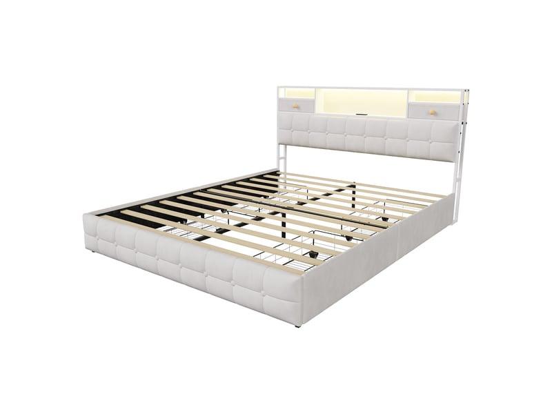  Lit 160x200 avec 4 tiroirs, lit adulte avec led rgb et ports de charge, lit double, tête de lit avec rangement intégré, tissu velours, moderne, beige  - Conforama D