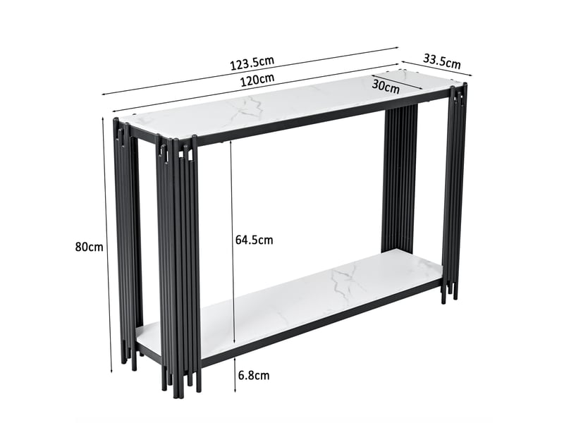  Console à 2 niveaux 123,5 x 33,5 x 80 cm en mdf effet marbre blanc et métal noir  - Conforama C