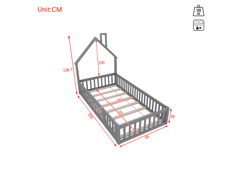Lit cabane enfant 90x200 gris, lit avec forme de cheminée et barrières de sécurité, sommier à lattes inclus, bois de pin - Conforama C