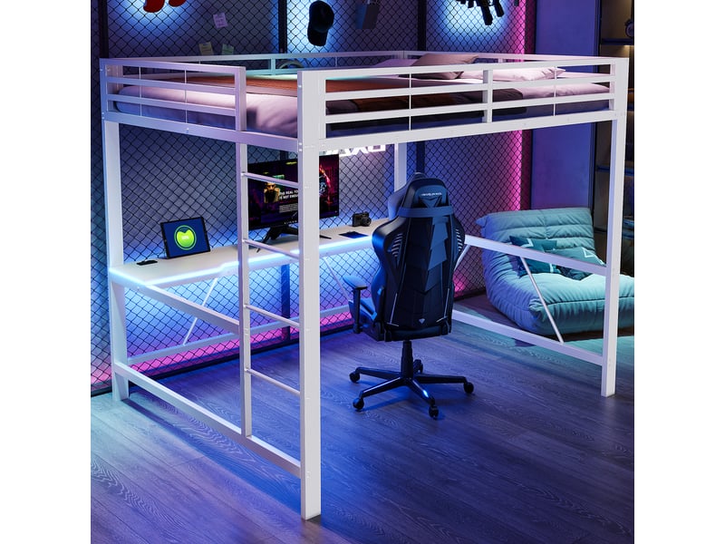 Lit mezzanine 2 places 160×200 cm bureau, led et usb - sans matelas, métal et mdf - blanc - Conforama C